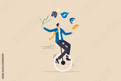 Financial advisor, professional investment expertise concept, smart businessman investor juggling finance asset, real estate, currency, gold, saving and stock market graph riding unicycle one wheel.