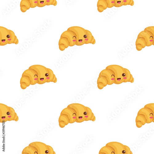 Kawaii Croissant seamless pattern. Cute vector illustration. Funny smiling bakery characters isolated on white background. Use for cafe decorations, food hall menu, t-shirt print, wrapping paper.