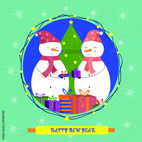 christmas card with snowman and tree