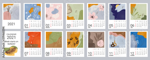 Calendar template for 2021. Vertical design with abstract natural patterns. Editable vector illustration, set of 12 months with cover. Week starts on Sunday.