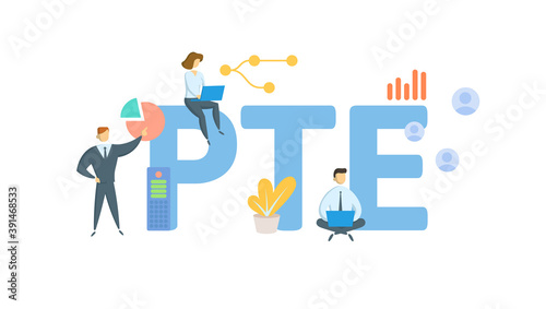 PTE, Pass-Through Entity. Concept with keywords, people and icons. Flat vector illustration. Isolated on white background.