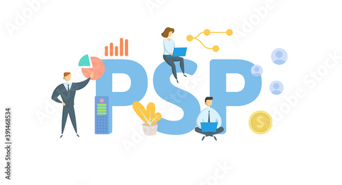 PSP, Profit Sharing Plan. Concept with keywords, people and icons. Flat vector illustration. Isolated on white background.
