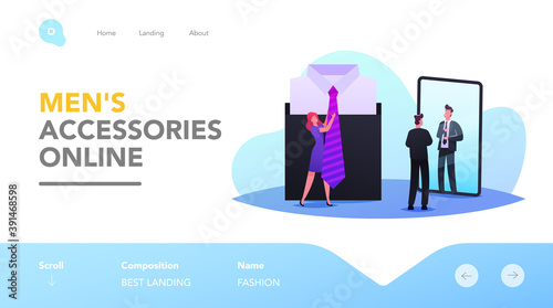 Man Choose Necktie Landing Page Template. Saleswoman Help to Choose Tie to Businessman Stand front Huge Mirror in Store