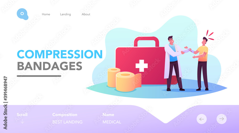 Characters in Traumatological Department Landing Page Template. Medical Assistant, Nurse or Doctor Applying Bandage