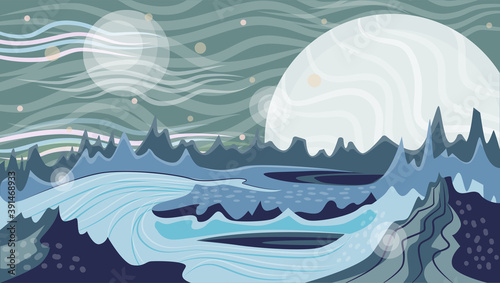 Space ice landscape. Far planets. Fantasy place.