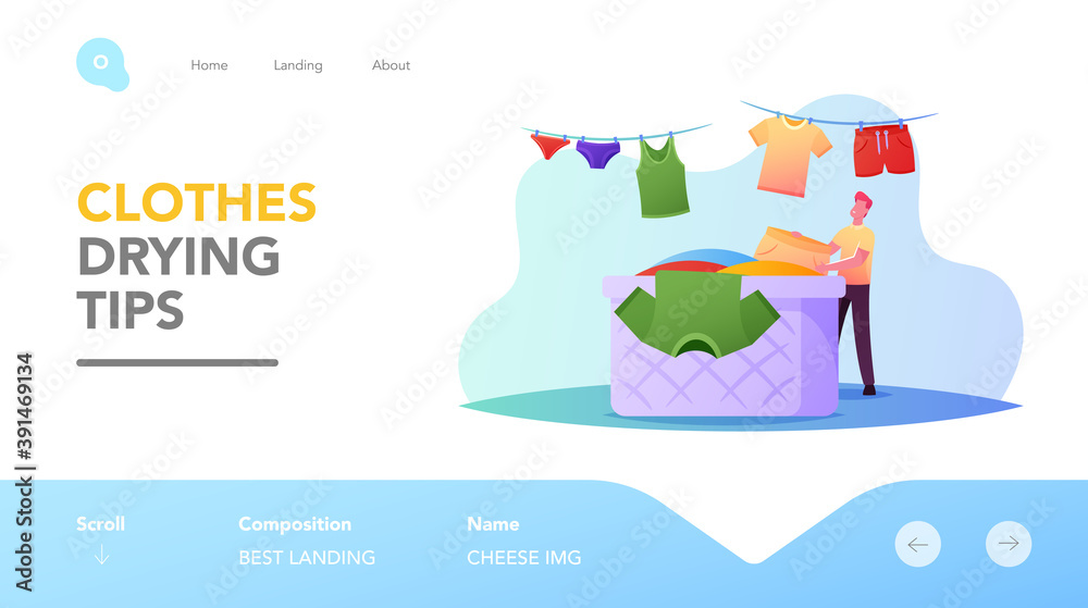 Homework Activity Landing Page Template. Tiny Male Character Hanging Clean Wet Clothes on Rope for Drying, Wash Linen