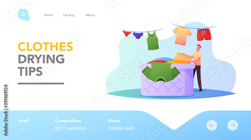 Homework Activity Landing Page Template. Tiny Male Character Hanging Clean Wet Clothes on Rope for Drying  Wash Linen