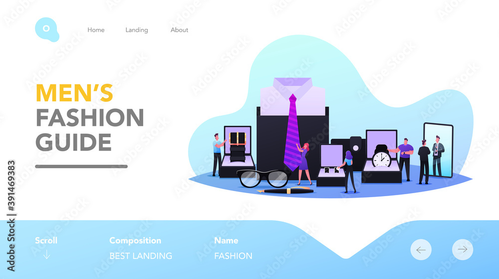 Menswear Landing Page Template. Tiny Male Characters Buying Accessories Concept. Men Choose Stylish Studs, Eyeglasses
