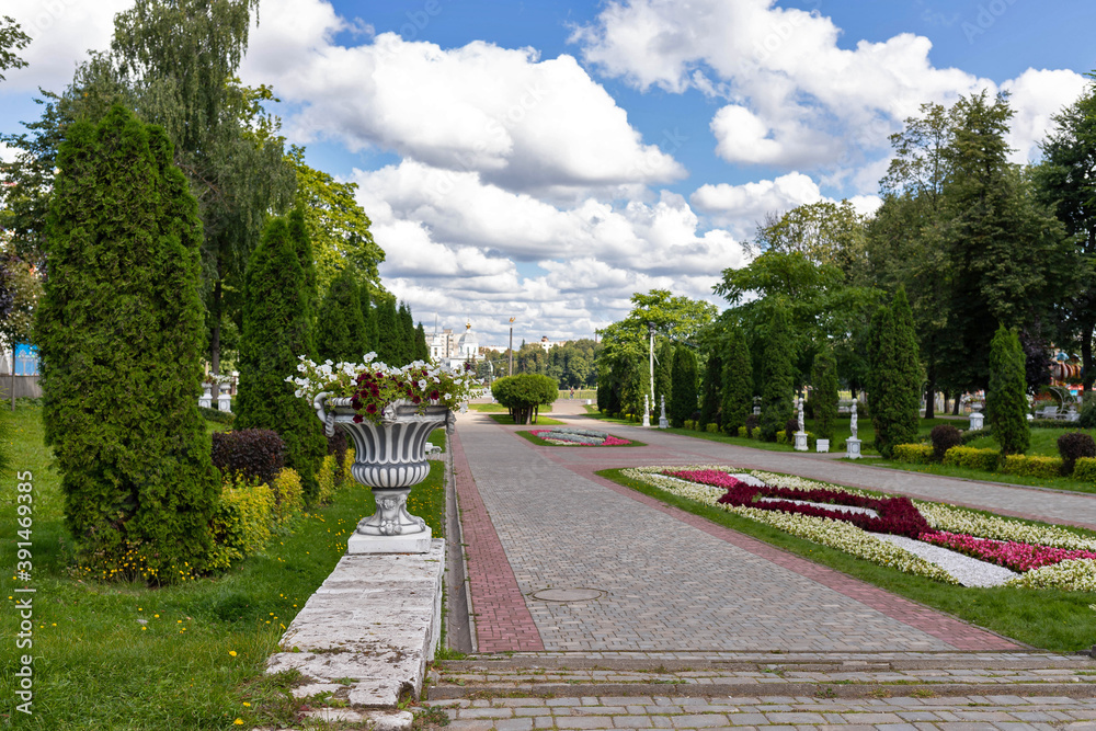 Tver, Tver region. Bright summer day in the city garden. Picturesque clouds