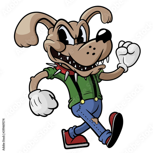 funny and stern cartoon dog is walking. Animal character vector