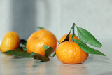 Fresh small tangerines with leaves on a concrete background