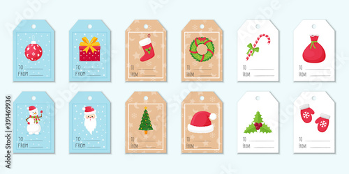 Collection of labels and tags for gifts with Christmas elements. Snowman, Santa Claus, decorated Christmas tree, wreath. Cute illustrations in a flat style on a white, blue and beige background.Vector
