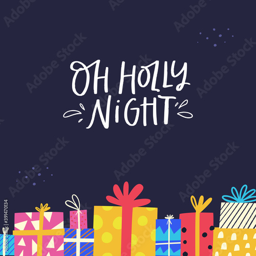 Oh holy night flat vector greeting card template