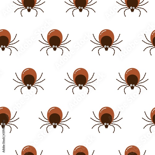 Seamless pattern brown tick insect icon isolated on white background. Mite bug drawn abstract print, vector flat design