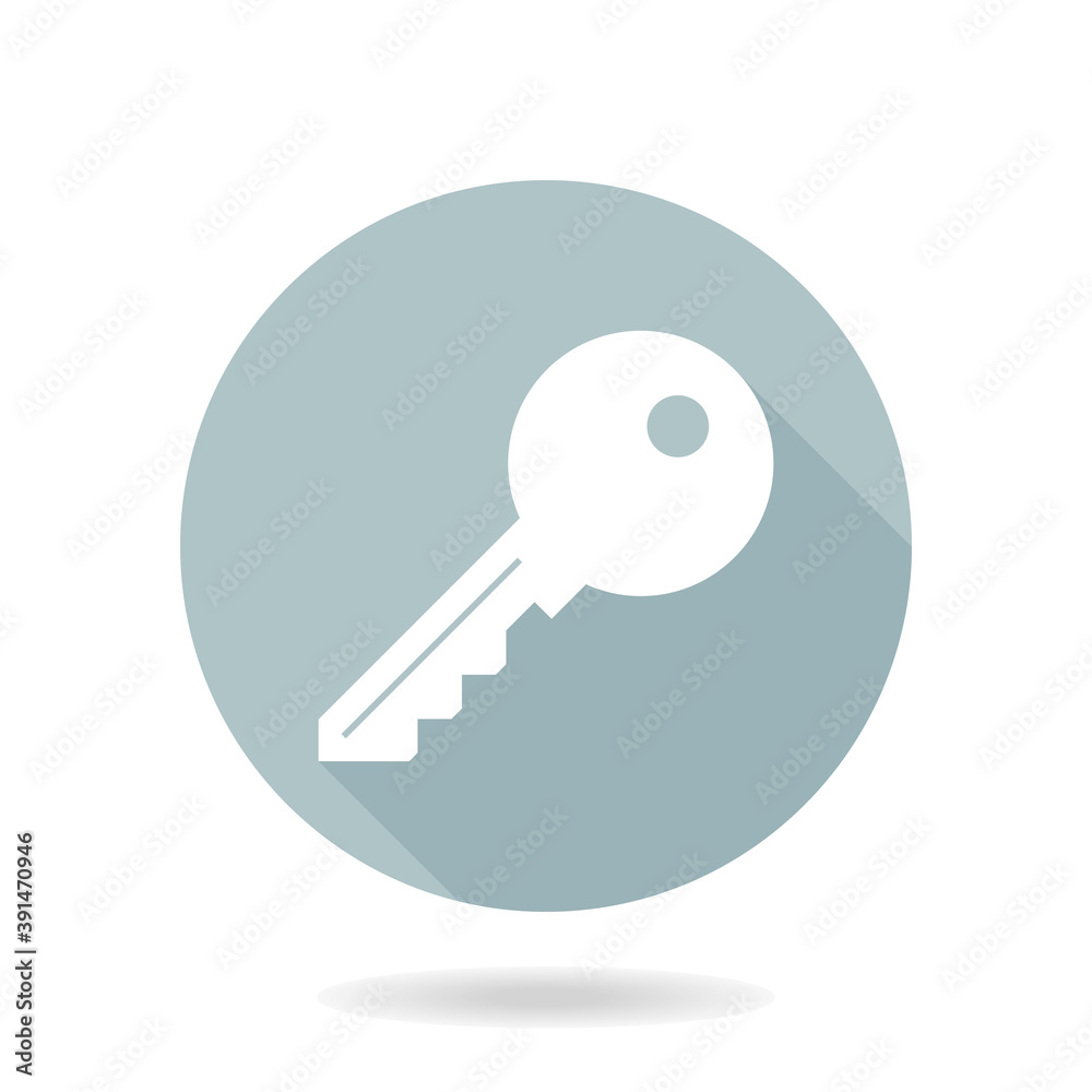 Blue and white vector key icon in the circle. Flat design and long shadow Blue and white vector key icon in the circle. Flat design and long shadow