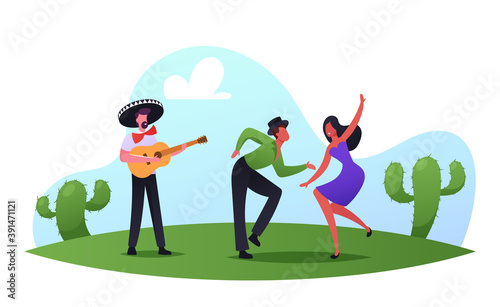 Mexican Party, Cinco De Mayo Festival. Artists Mariachi with Guitar and Couple of Dancer Characters Celebrating Holiday