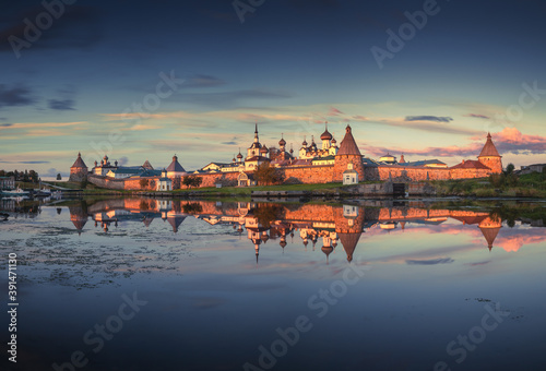 Sunset view of the Solovetsky Spaso-Preobrazhensky Transfiguration Monastery. White Sea, Russia, Arkhangelsk region, Solovki island