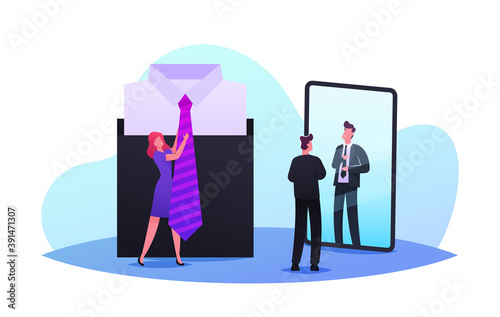 Man Choose Stylish Necktie. Saleswoman Help to Choose Tie to Businessman Stand front of Huge Mirror in Apparel Store