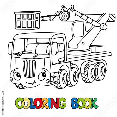 Funny telescopic boom lift car. Coloring book