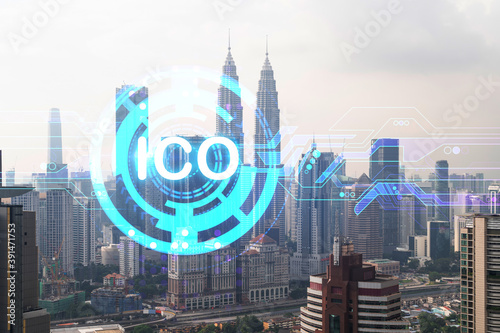 Canvas Print ICO icon hologram over panorama city view of Kuala Lumpur