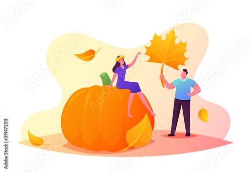 Fall Season Recreation Concept. Tiny Male and Female Characters Collecting Autumn Bouquet of Colorful Fallen Leaves