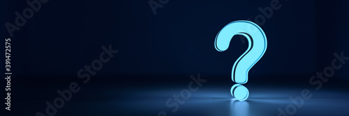 Blue glowing question mark on dark background with empty copy space on left side. 3D Rendering