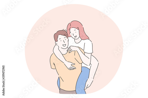 Love, dating, romance, relationship, togetherness, couple concept. Young loving smiling girlfriend cartoon character riding on her boyfriends back and hugging him from behind during date 