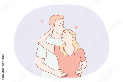 Love, dating, romance, relationship, togetherness, couple concept. Young loving happy couple cartoon characters standing and hugging each other with eyes closed during date. Girlfriends and boyfriend 