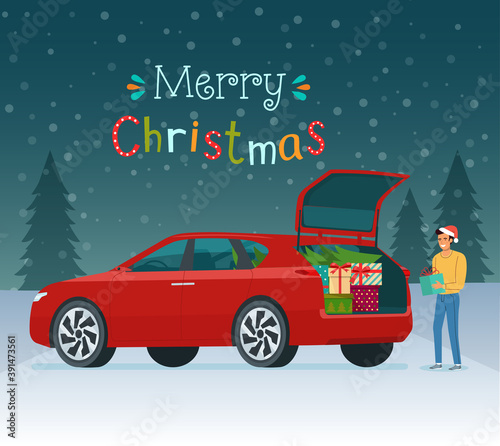 Man loading christmas gifts into the trunk of a car. Vector flat style illustration.