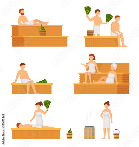 Bath, sauna and spa procedures isolated. People in banya. Relaxation body care and therapy, aromatherapy and wellness. Hygiene and regeneration with warm water and steam people sitting on wooden bench