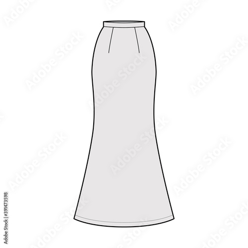 Skirt trumpet maxi technical fashion illustration with floor ankle lengths silhouette, pencil fullness. Flat bottom template front, grey color style. Women men unisex CAD mockup