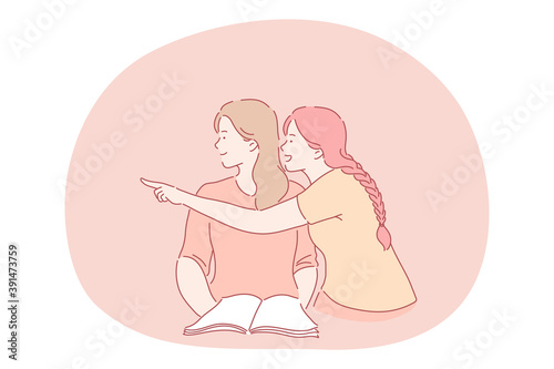 Pointing, gesture, discussing, friendship, students concept. Two girls students or pupils sitting, pointing at somebody aside and discussing with positive emotions and laughing vector illustration