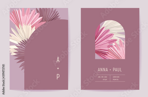 Floral wedding invitation botanical card, boho tropical palm dry leaves poster, frame set, modern minimal