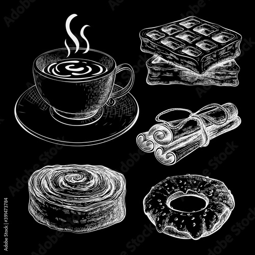 coffee cup with pastries chalk sketch on black chalkboard. bakery goods, sweet desserts on blackboard with tea mug. breakfast chalky illustration. vintage waffle, cinnamon bun, donut drawing for menu