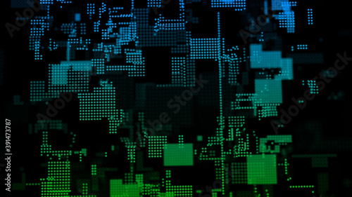 Cybernetic futuristic matrix. Big data. Abstract background . Colored squares on a dark background. 3D rendering.
