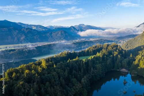 Fototapeta Naklejka Na Ścianę i Meble -  Drone panorama over Tyrol landscape, at sunrise in Austria.