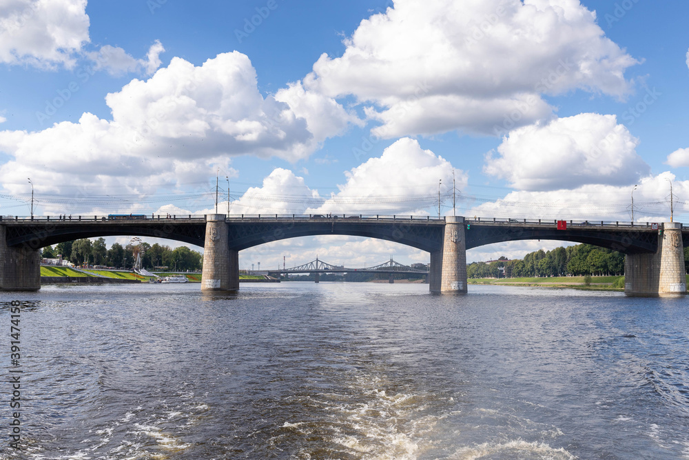 Tver. Tver region. Walk along the Volga. View of the New Volga bridge and the old Volga bridge.