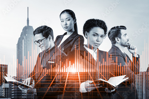 Photography Group of business colleagues in suits as a part of multinational corporate team working on forecasting trading corporate strategy at fund