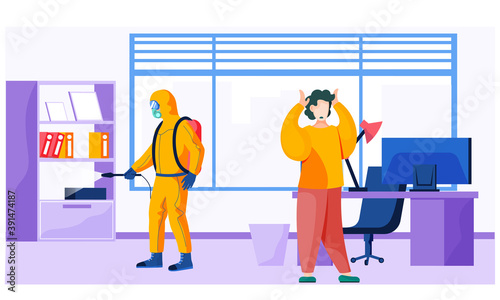 A man from pest control service doing disinfection in office to kill viruses and bacteria flat vector illustration. Male character in a protective suit sprays a room with disinfectant solute