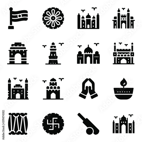 
Indian Culture and Landmarks Solid Icons Set 
 photo