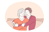 Grandmother and grandchild, happy family, generations concept. Happy smiling boy teen cartoon character sitting on sofa and embracing elderly senior woman grandmother and expressing love and care