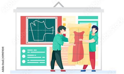 Designers or seamstresses are working with dress pattern in the tailoring studio. Embroidery to order. Drawing a dress model on the yellow paper. Men are holding the pattern of future clothes