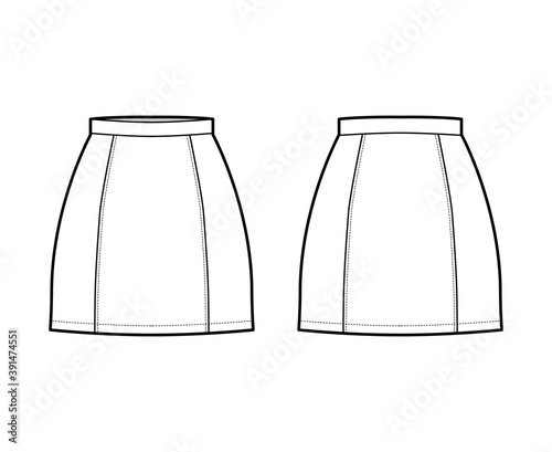 Skirt six gore mini pencil fullness technical fashion illustration with fitted silhouette, thin waistband. Flat bottom template front, back, white color style. Women, men, unisex CAD mockup