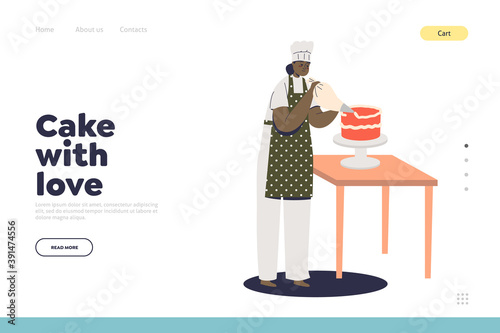 Cake with love, confectionary service landing page with female confectioner decorating holiday cake