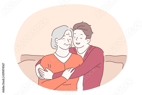 Grandmother and grandchild, happy family, generations concept. Happy smiling boy teen cartoon character sitting on sofa and embracing elderly senior woman grandmother and expressing love and care