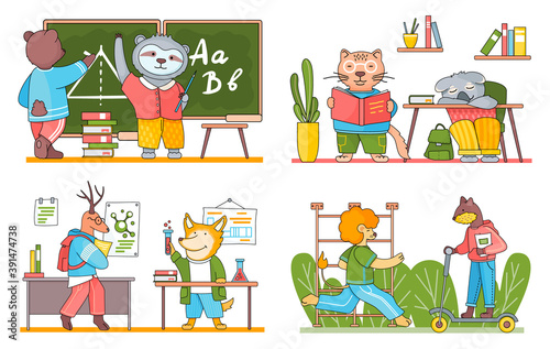School animal characters students or pupils. Cute cartoon beasts at school with textbook, schoolbag sitting at their desks studying in the classroom. Back to school concept, education theme scenes set
