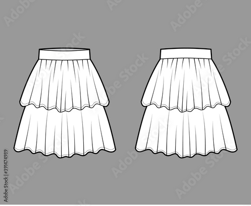 Skirt layered flounce technical fashion illustration with knee length silhouette, circular fullness, thick waistband. Flat bottom template front, back, white color style. Women, men, unisex CAD mockup