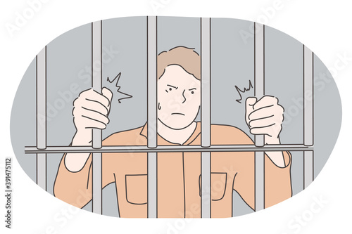Jail, prison, cell, captivity, arrest, punishment, cage concept. Young angry unhappy man cartoon character standing in prison cell and trying to get out and feel freedom. Prisoner, imprisonment 