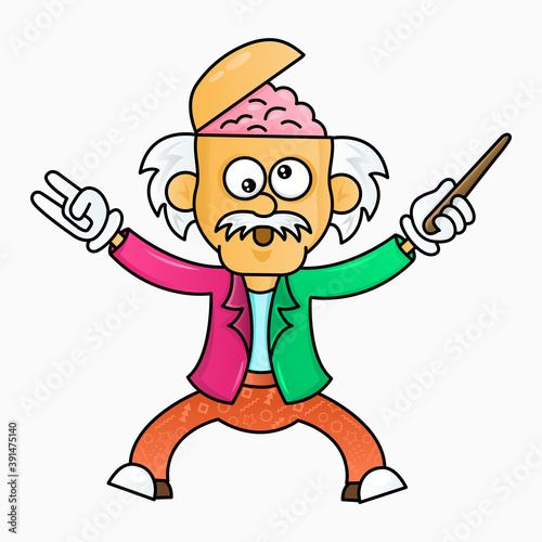 Funny cartoon crazy professor. Madman teacher character. The brain jumped out of the scientist's head. Design for print, emblem, t-shirt, party decoration, sticker.