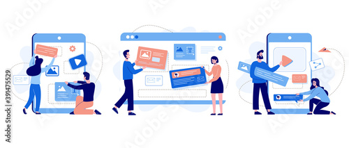 The concept of developing websites and mobile applications. Vector illustration. Social media graphic design. Landing page template designed by man and woman. Flat style